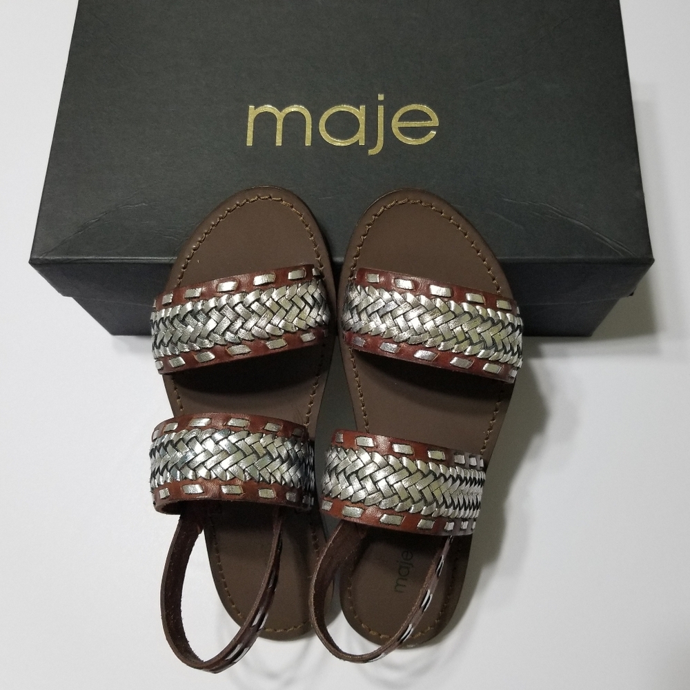 Maje Fatale Brown Silver Braided‎ Leather Strap Slingback Sandal EU37 (US7) $480